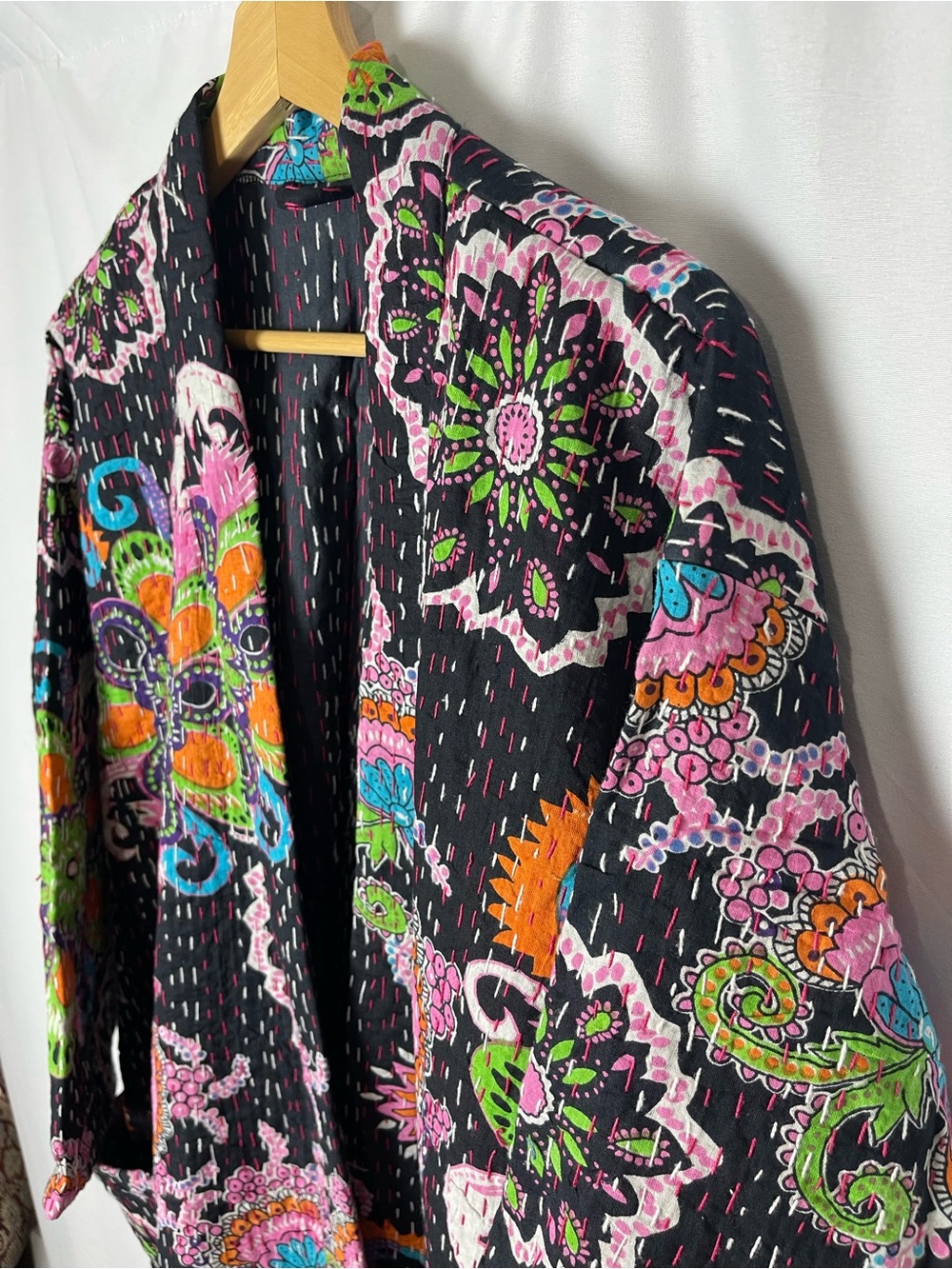Kantha Robe Black Multicolor Floral Open Front Kimono tie - Picture 4 of 7